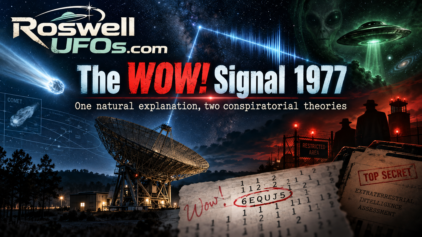 The Wow! signal 1977: a radio telescope, the circled 6EQUJ5 printout, a Top Secret file and a saucer in the night sky